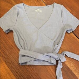 Hollister Light Blue Ribbed Wrap Top – Soft Girl Y2K Tie-Back